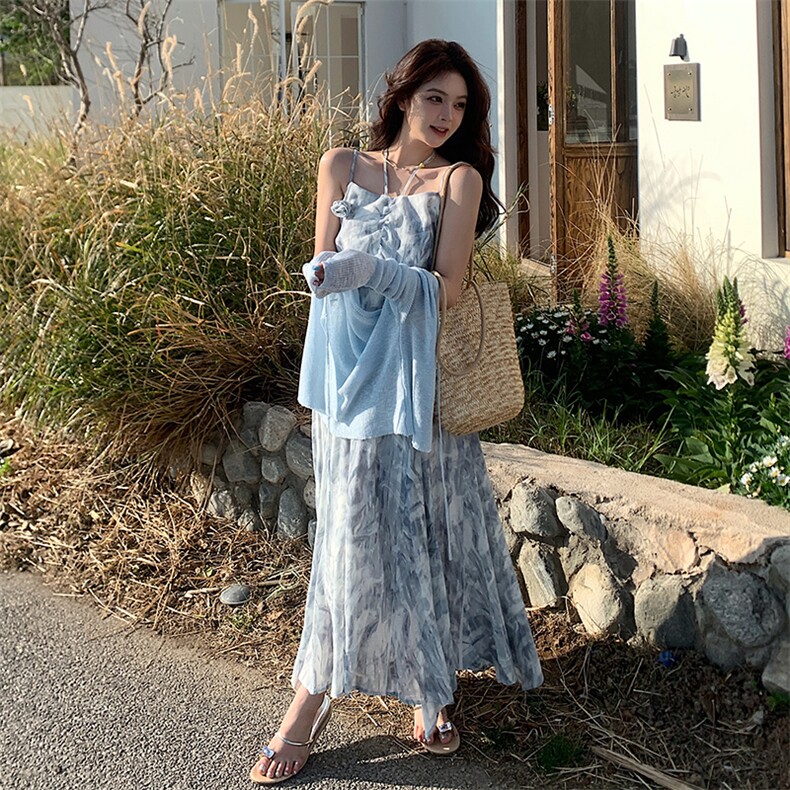 法式扎染玫瑰吊带裙小衫女春季2025新款优雅气质长裙,女装连衣裙,2D045