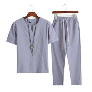 DY19* 夏季中老年棉麻短袖V领T恤套装长裤两件套装男 灰蓝 *P55图片
