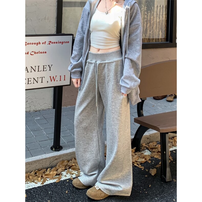 灰色裤子松紧腰抽绳阔腿裤女早秋季垂感休闲直筒裤拖地长裤遛弯裤,女装休闲裤,星座1210-1