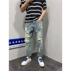 男士破洞牛仔裤春夏痞帅直筒裤潮牌百搭宽松束脚裤耐磨水洗休闲裤