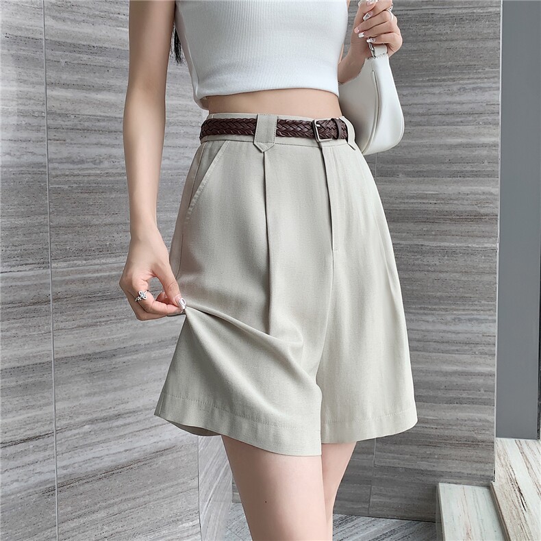 亚麻工装短裤女夏季薄款高腰韩版宽松休闲阔腿裤小个子时尚热裤潮，女装短裤/热裤，梦白服饰厂