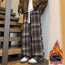 复古格子裤子男春秋加绒2025新款高腰垂感直筒拖地秋冬毛呢阔腿裤，男装卫衣，四季星座505