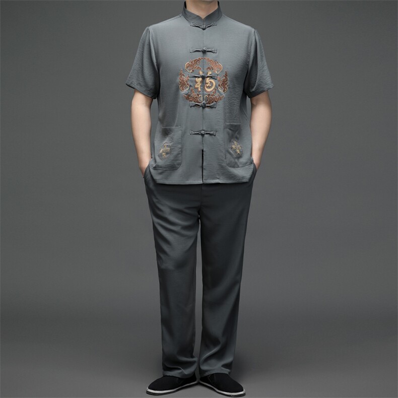 SQY2202男士春季两件套短袖套装中老年爸爸复古唐装风P90图片