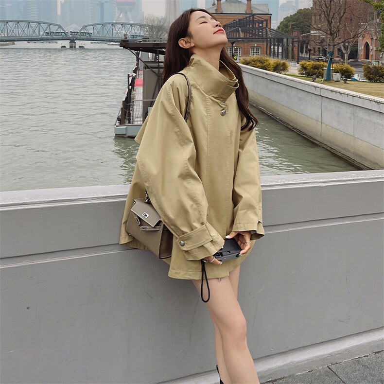 卡其色休闲短款风衣外套女2025春季新款高级感时尚炸街斗篷大衣潮,女装风衣,浙宝276（原081）