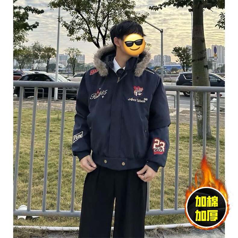 现货高品质美式高街重磅刺绣座山雕大毛毛领棉衣男女加厚棉服外套,男装棉衣,电商A486