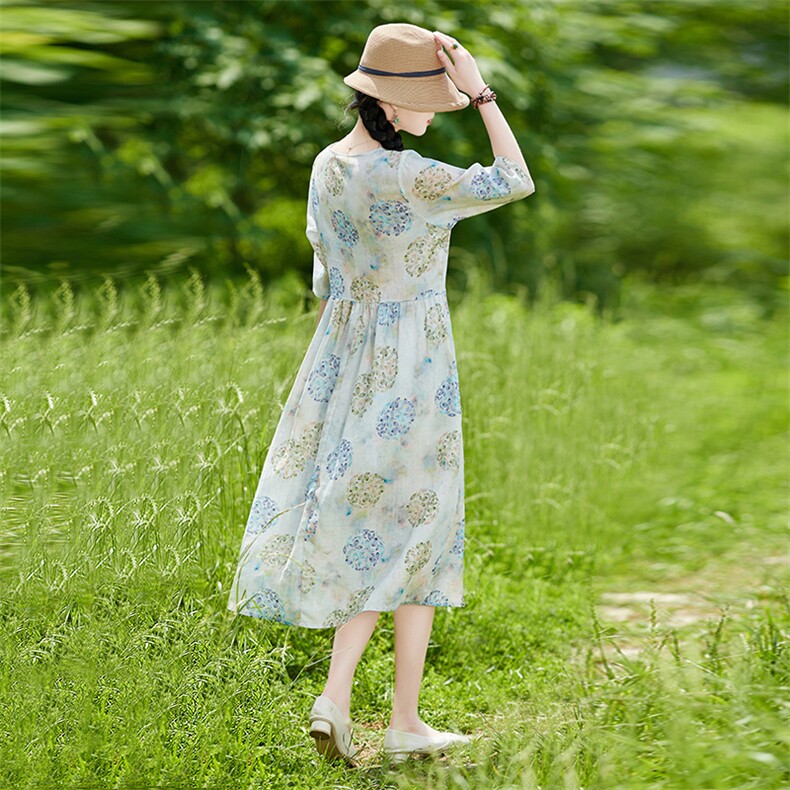 v领短袖中长款苎麻连衣裙2022年夏装新款透气舒适凉爽文艺民族风,女装连衣裙,辉之琳