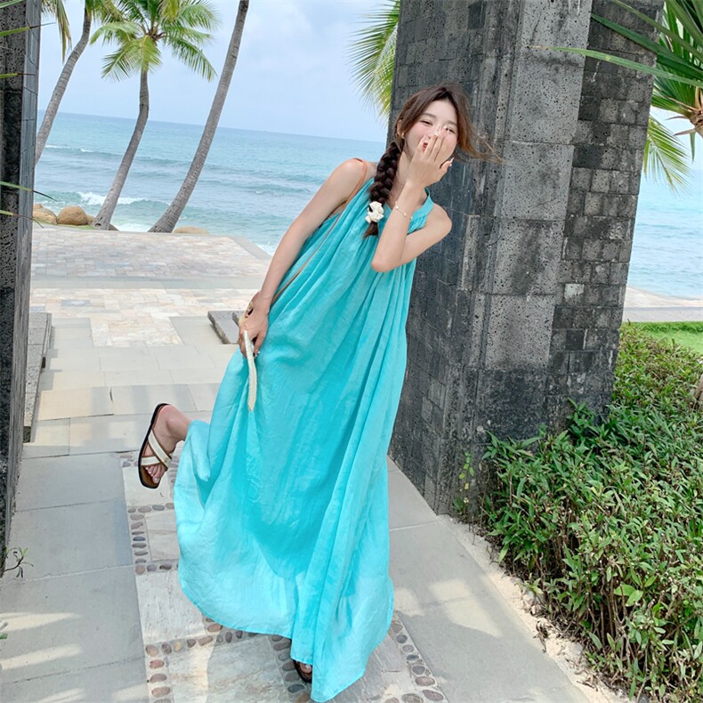 蓝色挂脖无袖连衣裙女2025夏新款海边度假风宽松显瘦绝美气质长裙,女装套装/套裙,2C279