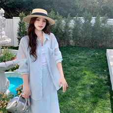 蓝色休闲时尚套装女2025夏季新款气质一整套穿搭衬衫半身裙两件套，女装套装/套裙，2C107