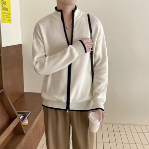 男秋冬外套自制慵懒风撞色针织毛衣开衫男宽松高领针织衫MY23 P56图片