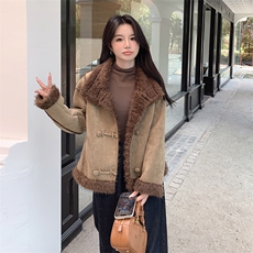 2024冬季新款女装仿羊羔毛外套时尚保暖显瘦短款大衣，女装羊羔毛/颗粒绒，灵力轩