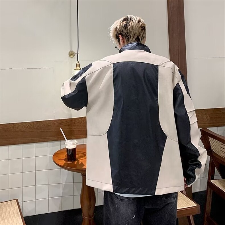 男春秋韩版潮流潮牌港风宽松拼接撞色休闲皮衣上衣服外套,男装皮衣,星座716-2