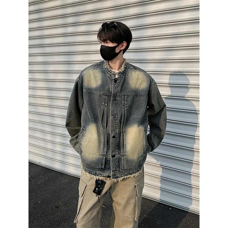 得物二开高街泥染做旧毛边高质量牛仔外套水洗翻领夹克JK1174-P75,男装工装外套,星座1103-3