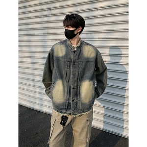 得物二开高街泥染做旧毛边高质量牛仔外套水洗翻领夹克JK1174-P75图片
