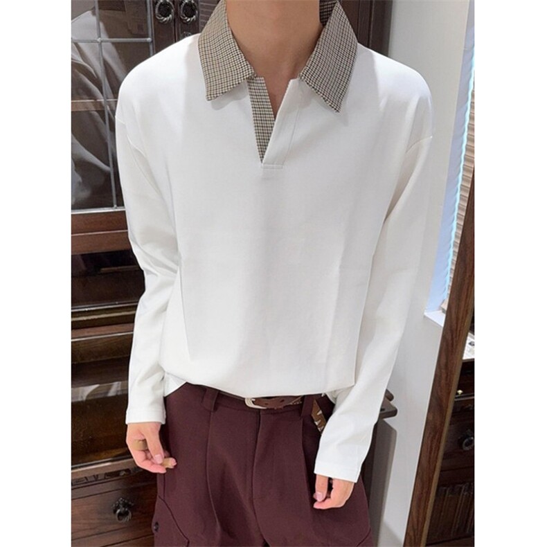 系假两件拼接格纹Polo长袖衬衫套头卫衣秋抗皱风翻领男TY501，男装衬衫，星座1116A（原606A-3）