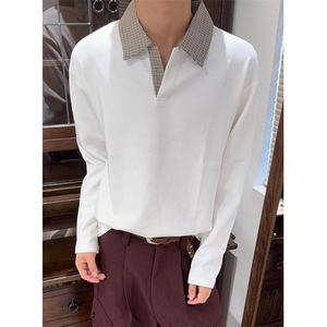 系假两件拼接格纹Polo长袖衬衫套头卫衣秋抗皱风翻领男 TY501,男装衬衫,星座1116A（原606A-3）