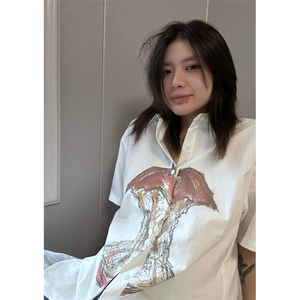 苹果短袖白色衬衫夏季宽松短袖休闲小众衬衣上衣 C9291图片