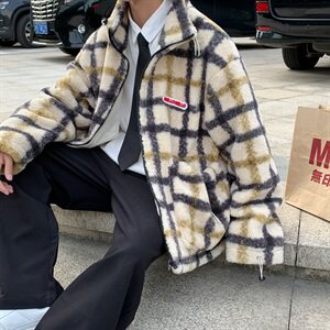 棉衣男港风宽松格子保暖加厚潮牌羊羔毛外套大衣B288-MJ400图片