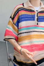 8XL-M特大码美式复古条纹撞色针织POLO衫翻领休闲短袖TDX311P35，男装Polo衫，电商D206-1