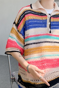 8XL-M 特大码美式复古条纹撞色针织POLO衫翻领休闲短袖TDX311P35图片