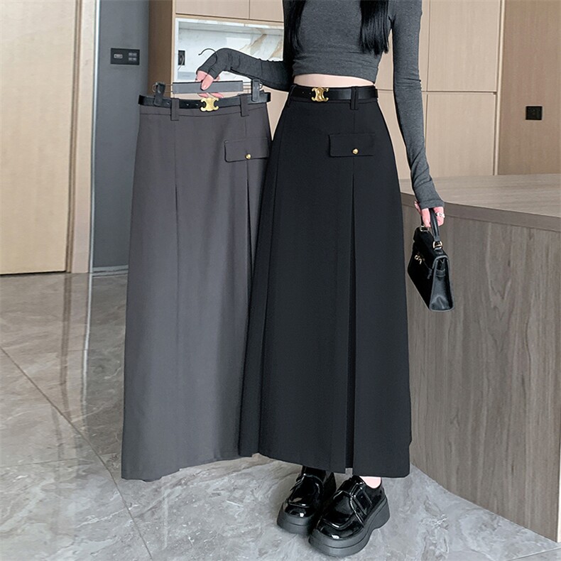 西装半身裙女2024秋季新款高腰遮胯a字伞裙显瘦中长款百褶裙,女装半身裙,梦白服饰厂