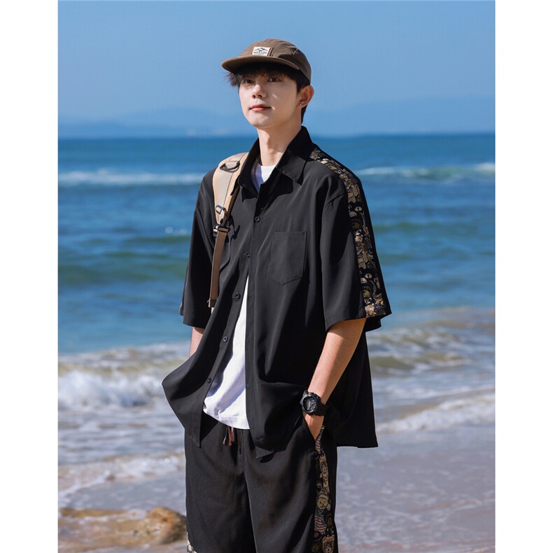 1小熊短袖衬衫男+短裤大码M-5XL套装92%聚酯纤维8%氨纶TZ77058P70，男装休闲套装，星座226-2