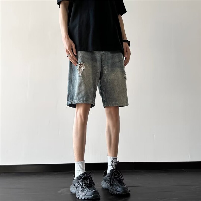 破洞牛仔短裤男夏季美式水洗痞帅裤子宽松潮牌五分裤M9111-P35,男装牛仔裤,星座1008