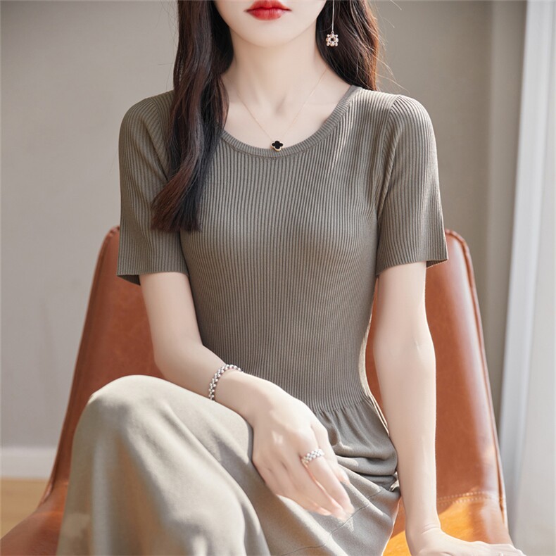 圆领拼接连衣裙女夏季2025新款温柔风收腰显瘦气质针织冰丝长裙,女装连衣裙,暖姿羊绒