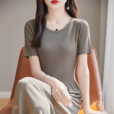圆领拼接连衣裙女夏季2025新款温柔风收腰显瘦气质针织冰丝长裙，女装连衣裙，暖姿羊绒