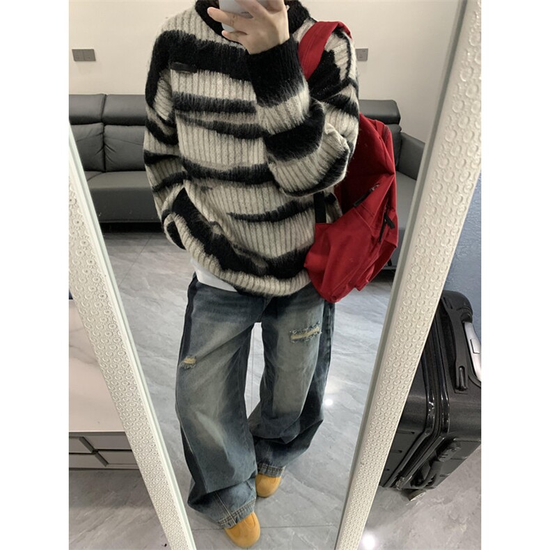 马海毛条纹美式复古毛衣男潮牌秋冬慵懒oversize针织衫M6011,男装针织衫/毛衣,星座1116A（原606A-3）
