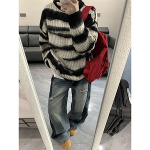 马海毛条纹美式复古毛衣男潮牌秋冬慵懒oversize针织衫 M6011图片