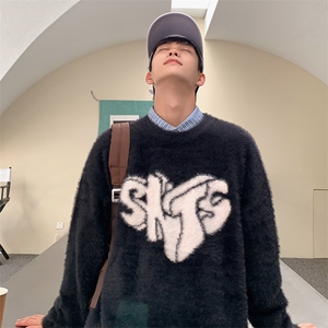 秋冬潮圆领宽松情侣针织衫新款爱心提花毛衣男 M527-P65图片