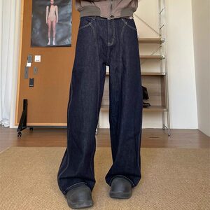 美式复古弯刀裤男小众设计感阔腿宽松痞帅原牛丹宁牛仔裤图片