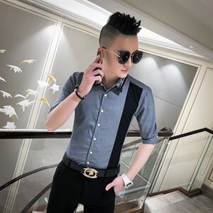 2021夏男衬衫英伦男中袖上衣韩版修身拼接男花衬衫A068-D824-P55图片