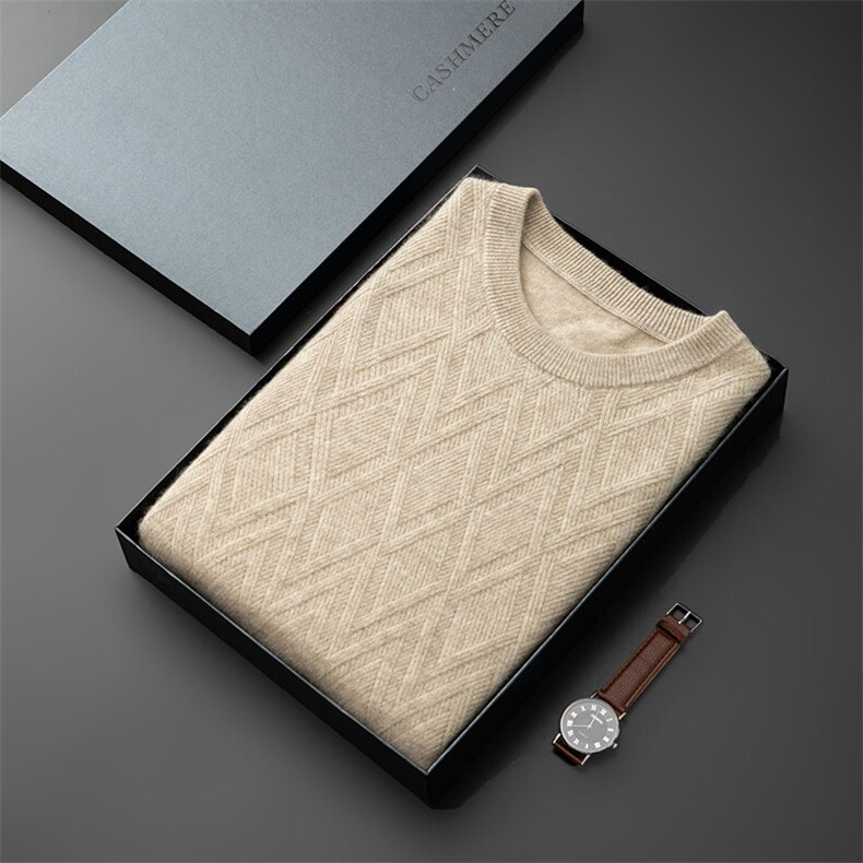奢华男士山羊绒菱形图案圆领套头毛衣，男装羊毛衫，台绒羊绒