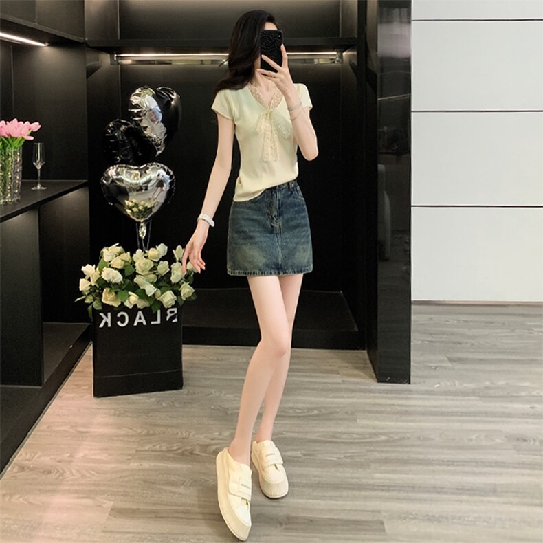 慵懒风时尚套装裙女夏季新款蕾丝拼接蝴蝶结针织衫牛仔短裙两件套,女装套装/套裙,江南