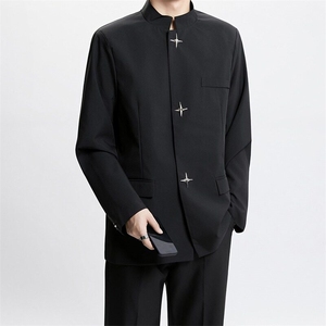 新中式西装外套男设计感金属扣垫肩西服立领中山装W6595-P62图片