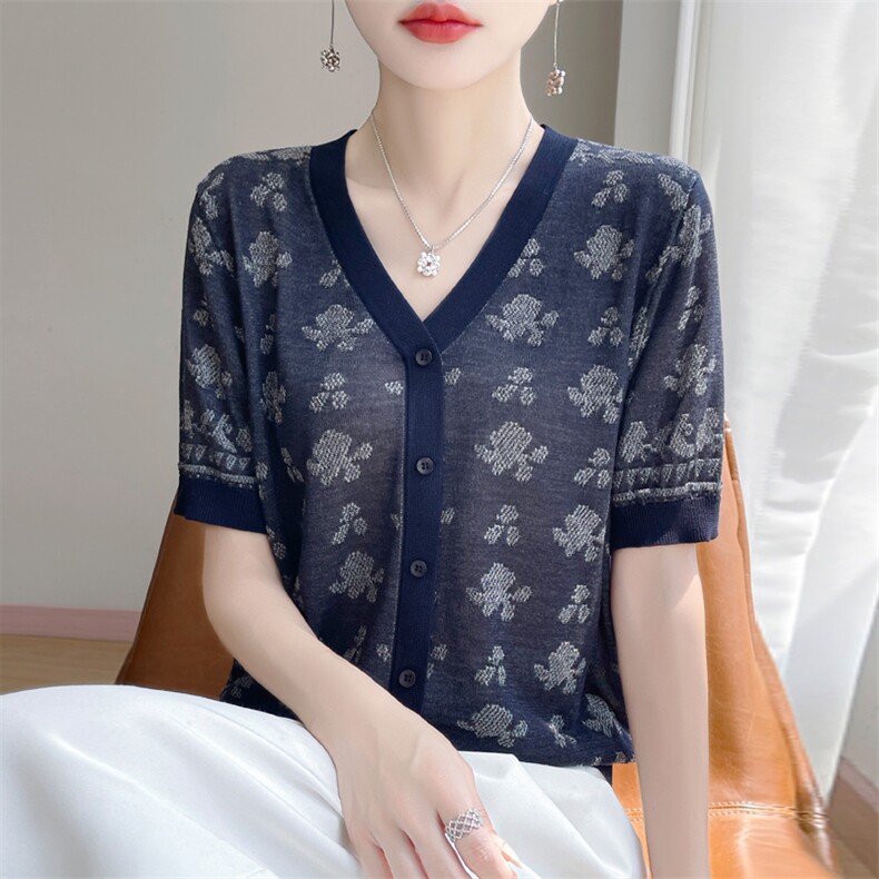 夏季新款天丝提花V领假开衫女宽松百搭显瘦时尚休闲上衣,针织衫/毛衣,暖娇绒