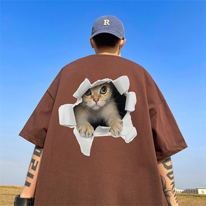 猫咪印花t恤男潮牌夏季300g重磅纯棉衣服男款短袖美式情侣装半袖图片