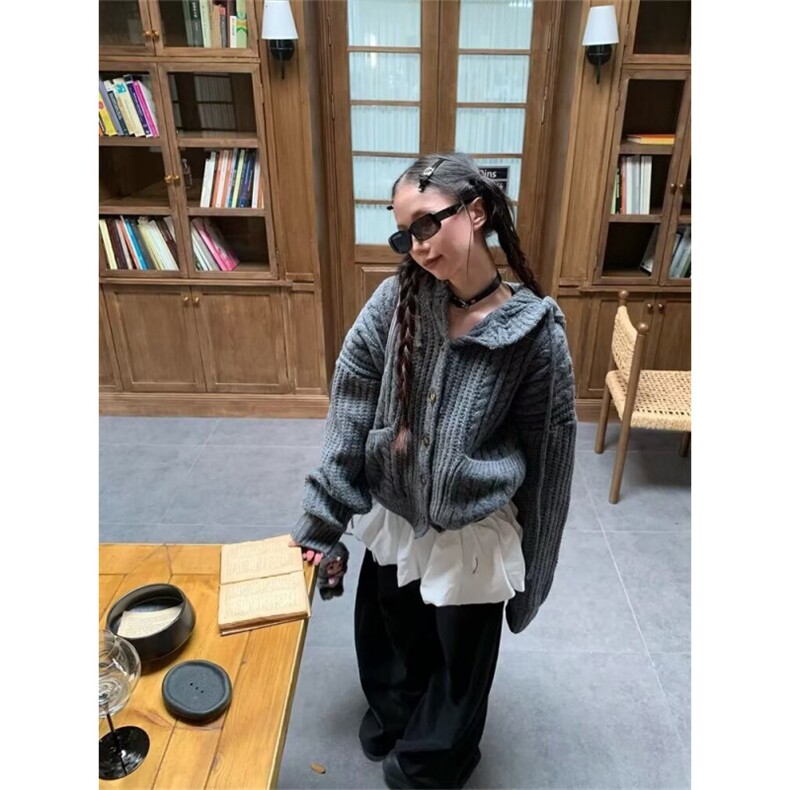 网日系复古针织开衫外套男女连帽宽松百搭情侣毛衣流行B73-P60,男装针织衫/毛衣,星座910-1
