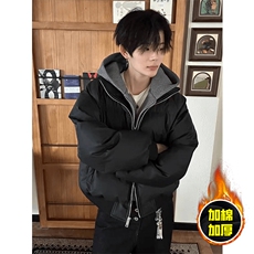 现货高品质重磅工艺美式高街假两件PU皮棉衣男女加厚棉服外套，男装棉衣，电商A443