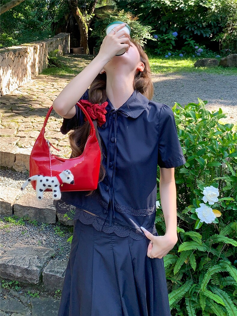 蕾丝拼接娃娃领系带上衣松紧腰半裙学院风套装女,女装套装/套裙,水衣源
