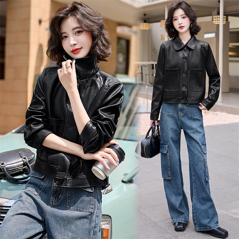现货新款海宁皮衣女短款高级仿绵羊皮长袖时尚翻领夹克外套春秋，女装皮衣，江南女神