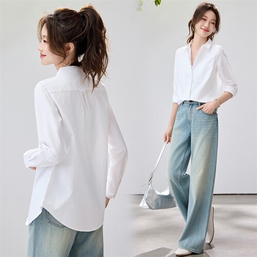 2026春夏新款白色衬衫女宽松显瘦通勤百搭衬衣韩系简约温柔气质，女装衬衫，艾米