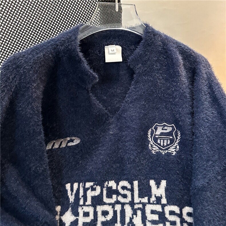 美式复古徽章印花V领球服运动风针织衫毛衣秋季男女同款外套,男装针织衫/毛衣,星座601-1