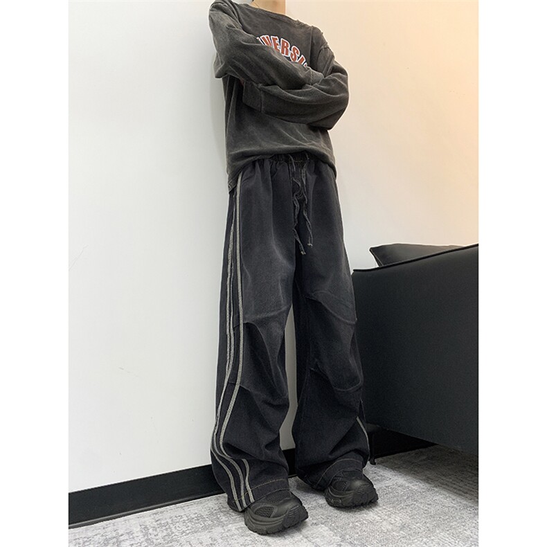 美式潮牌三条杠条纹牛仔裤复古宽松直筒褶皱阔腿裤子,男装牛仔裤,星座410-6（原星座1304-1）
