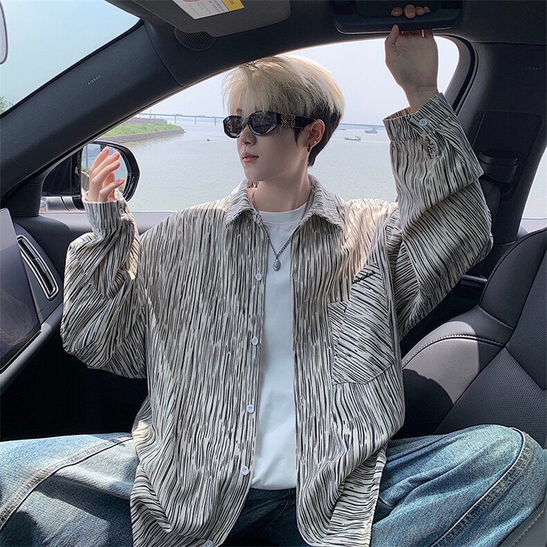 衬衫男秋季新款港风宽松大码灯芯绒扎染刺绣长袖衬衣CS8102-P42，男装衬衫，星座214-3