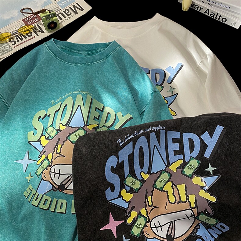 EQ226*水洗做旧卡通印花短袖男夏季蜡染情侣装T恤港风ins潮流,男装T恤,电商C306-1