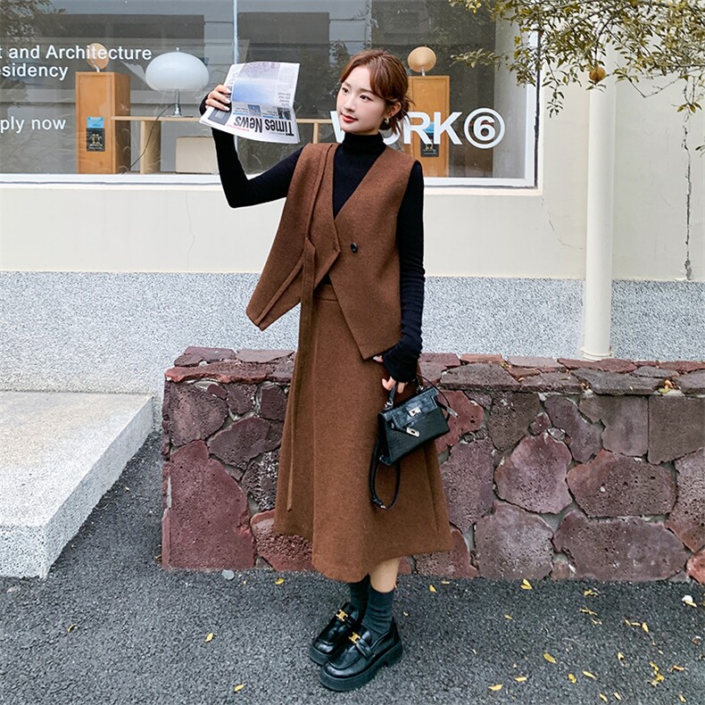 韩系收腰马甲半身裙两件套女秋冬2025新款气质显瘦氛围感爆款套装,女装套装/套裙,欧黛芙妮
