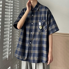 B225-C6067-P58-X75格子衬衫短袖男夏季日系复古衬衫格子复古日系，男装T恤，电商B225