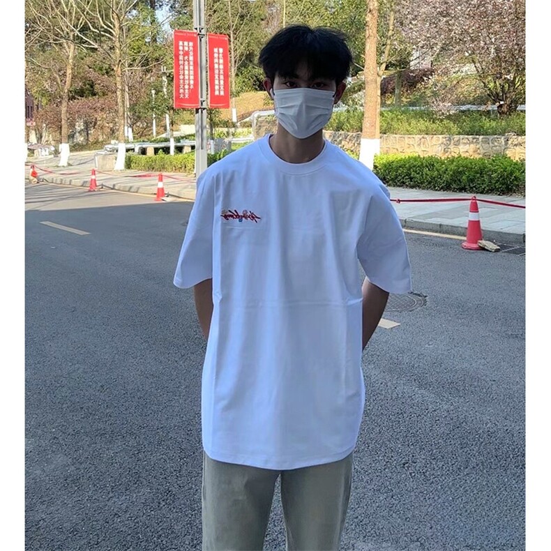 万针全刺绣工艺抖音得物高品质260克重磅纯棉双纱美式高街短袖T恤,男装T恤,电商A486